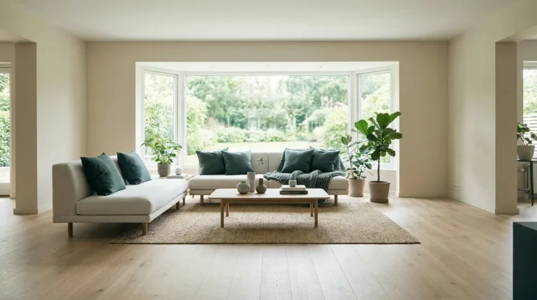 Salon moderne avec canapés beiges, coussins vert forêt, grande baie vitrée donnant sur un jardin et parquet en bois clair.