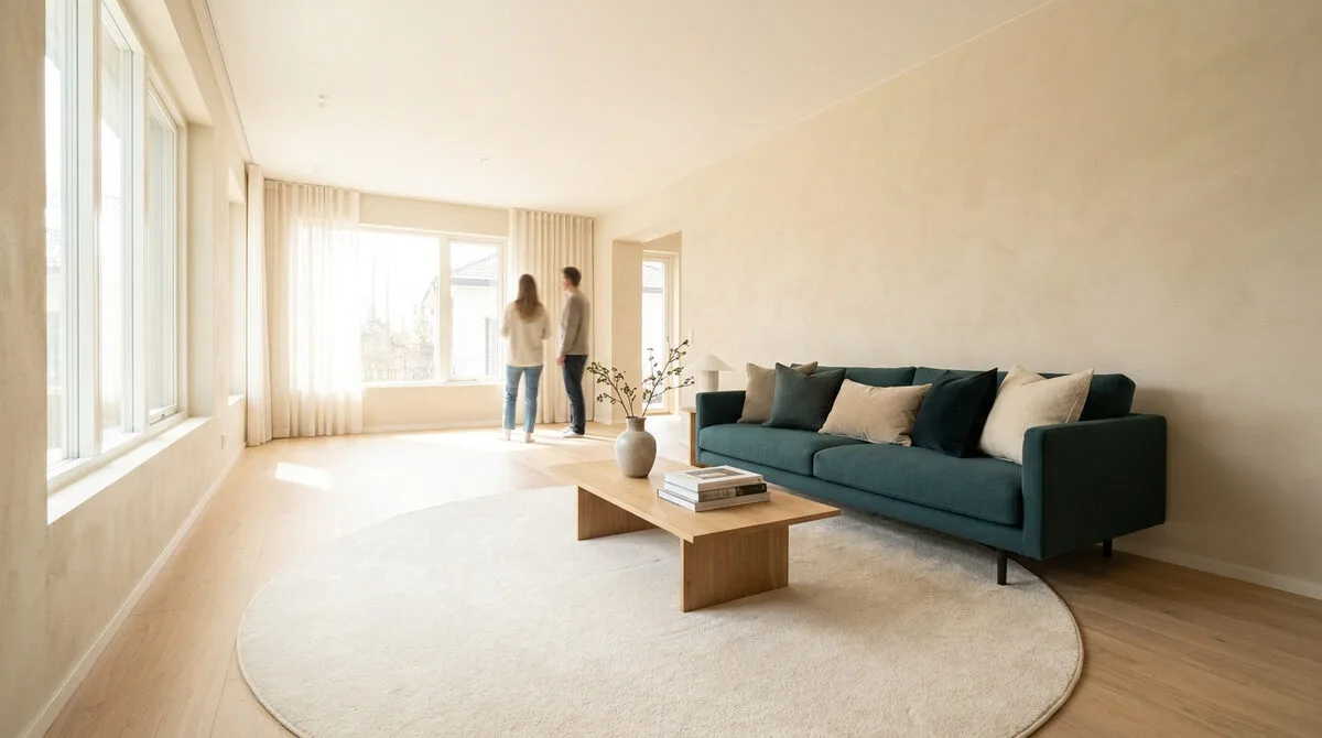 Un couple visite un salon lumineux, épuré et bien rangé avec un canapé bleu pétrole et un tapis rond.