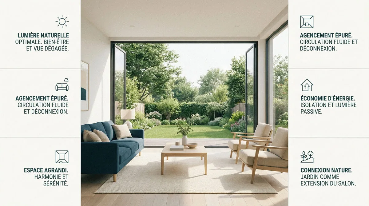Salon moderne baigné de lumière avec une grande baie vitrée ouverte sur un jardin