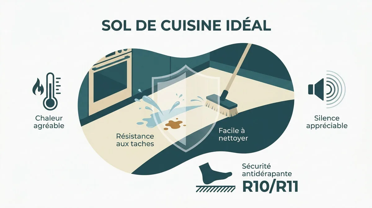 Sol de cuisine moderne et propre alliant esthétique et facilité d'entretien