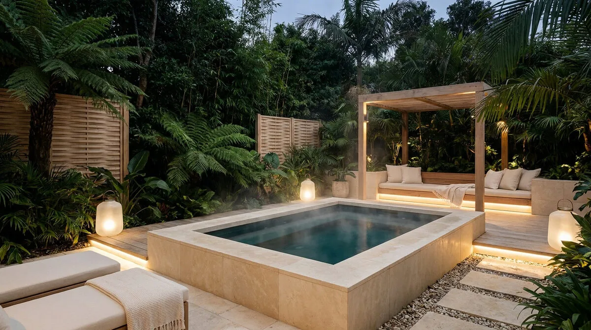 Un spa extérieur entouré d'une végétation tropicale luxuriante, avec un éclairage doux et un coin salon en bois.