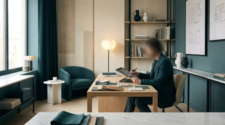 Architecte d'intérieur travaillant sur tablette dans un bureau moderne aux tons bleu pétrole et bois.