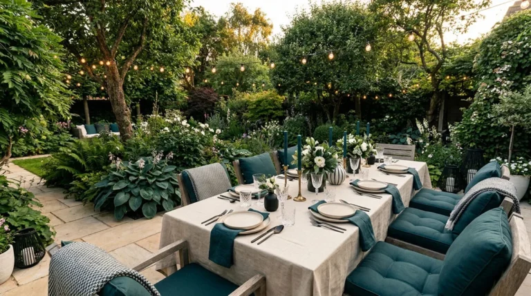 Table à manger dressée dans un jardin luxuriant avec des chaises à coussins vert pétrole et des guirlandes lumineuses.