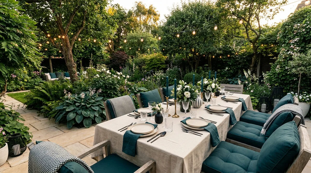 Table à manger dressée dans un jardin luxuriant avec des chaises à coussins vert pétrole et des guirlandes lumineuses.