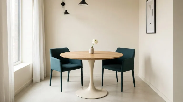 Table à manger ronde en bois avec deux chaises bleu pétrole dans une pièce lumineuse au design minimaliste.