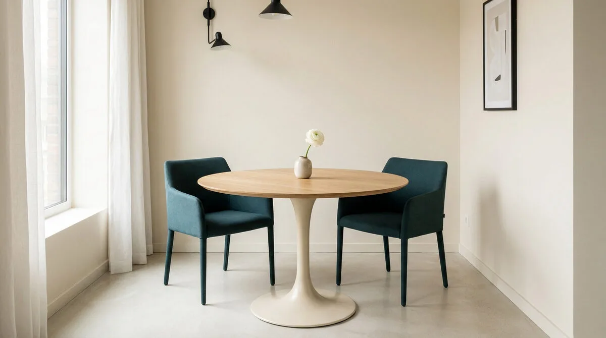 Table à manger ronde en bois avec deux chaises bleu pétrole dans une pièce lumineuse au design minimaliste.