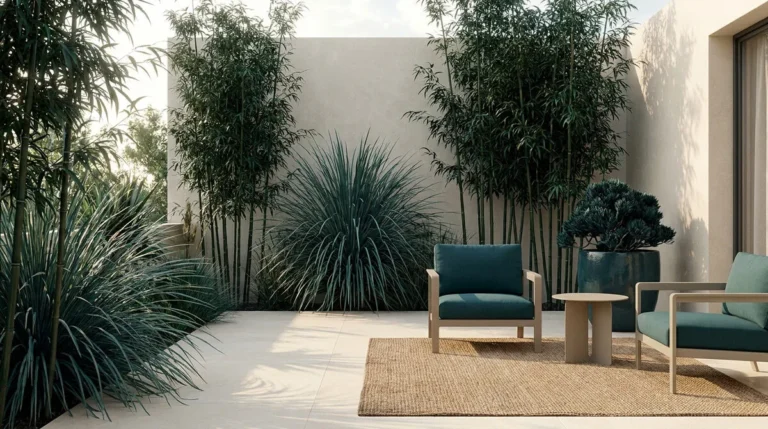Terrasse moderne avec bambous, plantes en touffe, fauteuils bleu canard et tapis en fibre naturelle.