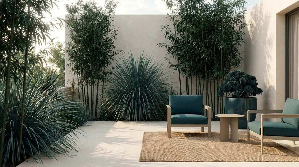 Terrasse moderne avec bambous, plantes en touffe, fauteuils bleu canard et tapis en fibre naturelle.