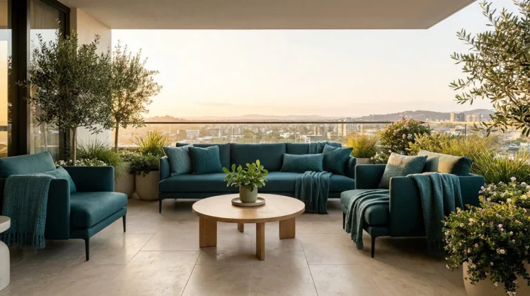 Terrasse aménagée avec canapé et fauteuils bleu pétrole, table basse en bois et vue panoramique sur la ville au coucher.