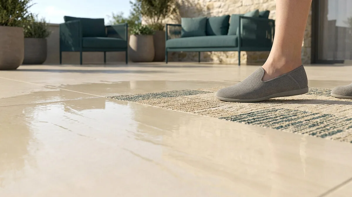 Pied en chaussure grise marchant sur un tapis antidérapant posé sur un carrelage de terrasse mouillé et brillant.