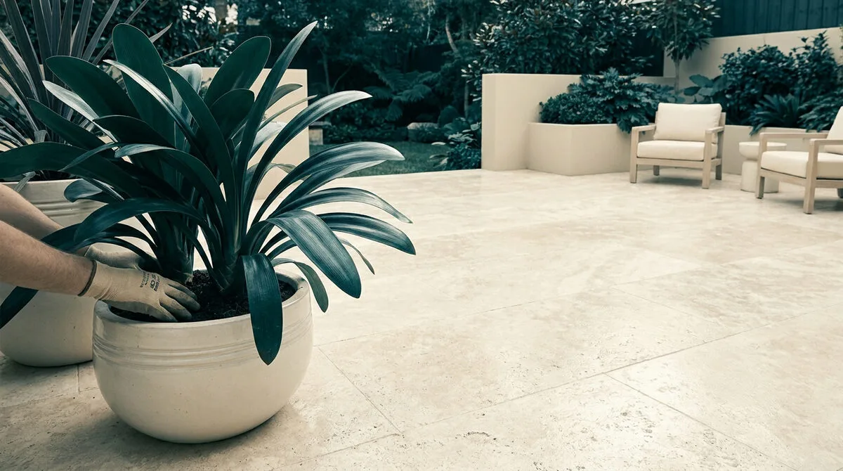 Mains avec gants de jardinage plaçant une plante dans un pot sur une terrasse carrelée moderne.