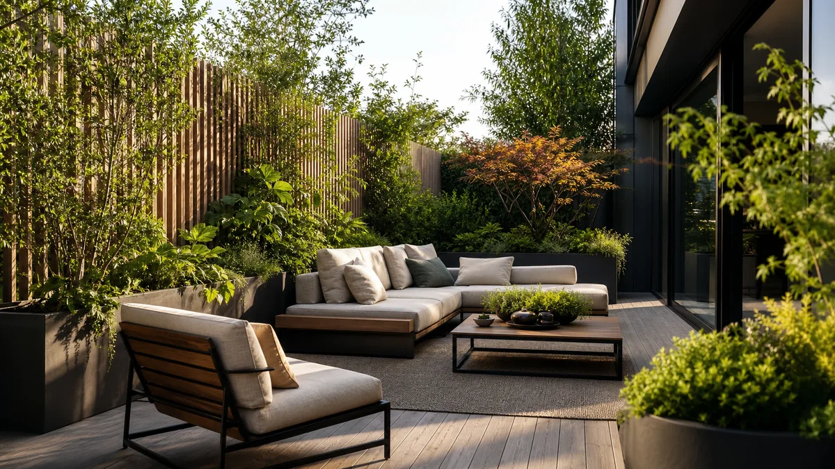 Terrasse contemporaine avec brise-vue en bois et végétation dense