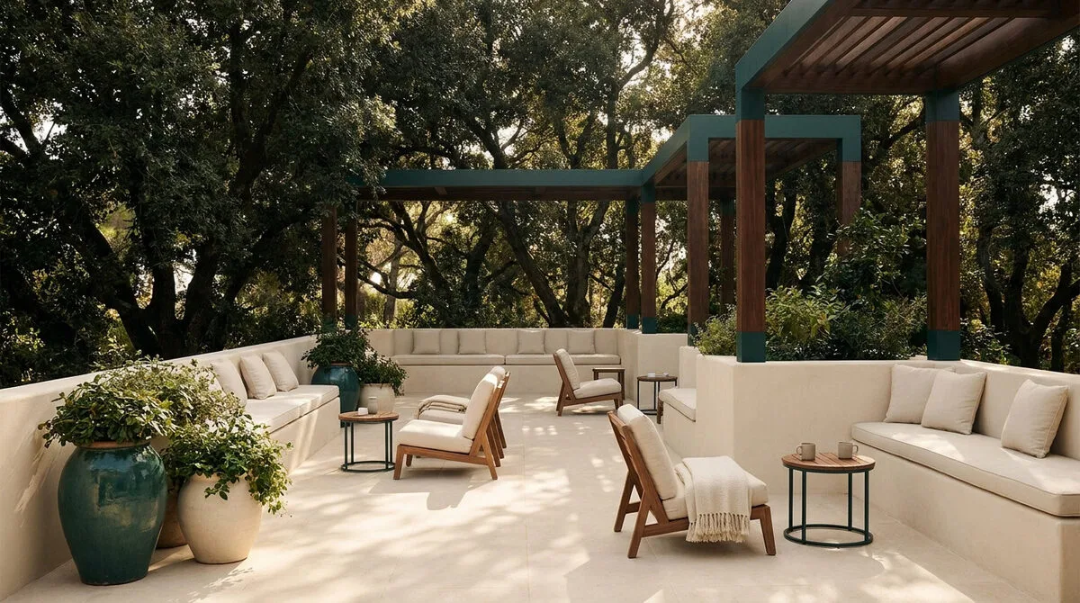 Une terrasse en béton beige avec des canapés intégrés et des fauteuils en bois sous une pergola, entourée d'arbres.