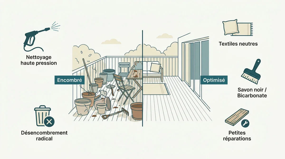 Transformation avant après d'une terrasse en home staging avec mobilier moderne et plantes