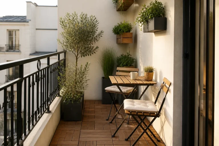 Salon de jardin compact sur un petit balcon dégagé