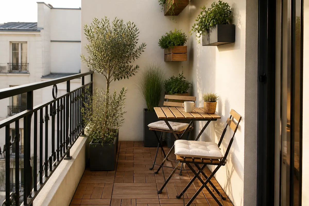 Salon de jardin compact sur un petit balcon dégagé