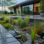 Jardin de pluie contemporain avec terrasse mouillée, galets, graminées et eau infiltrée après une averse