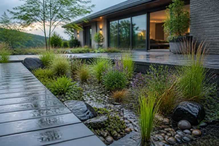 Jardin de pluie contemporain avec terrasse mouillée, galets, graminées et eau infiltrée après une averse