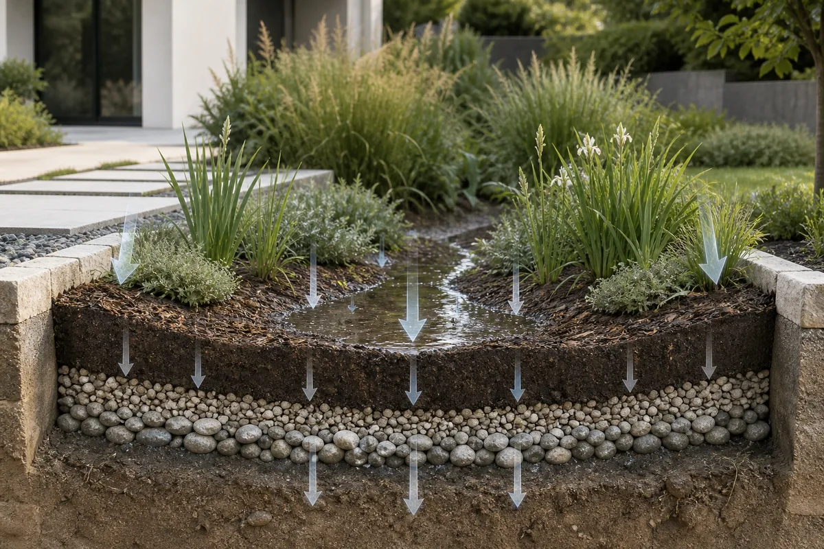Coupe d'un jardin de pluie montrant plantes, bordures, graviers drainants et infiltration de l'eau