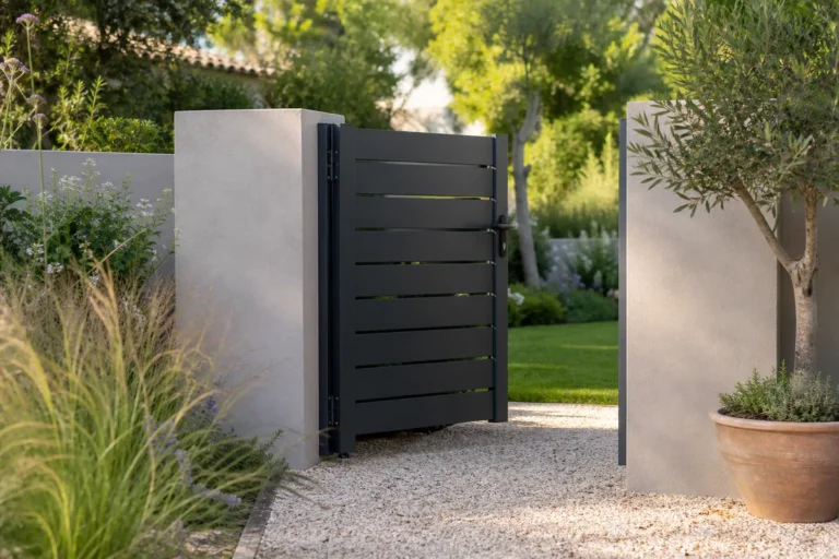 Barrière de jardin design en aluminium gris anthracite avec ligne horizontales, intégrée dans un jardin paysagé contemporain.