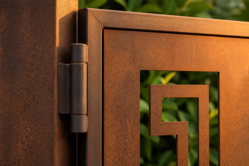 Détail d'une barrière de jardin en acier Corten montrant la patine rouille naturelle et les motifs découpés.