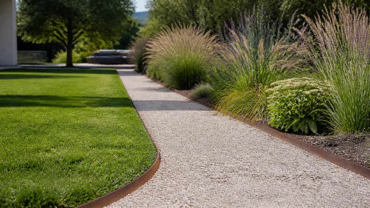 Allée de jardin moderne bordée d'un liseré net entre les graviers et la pelouse