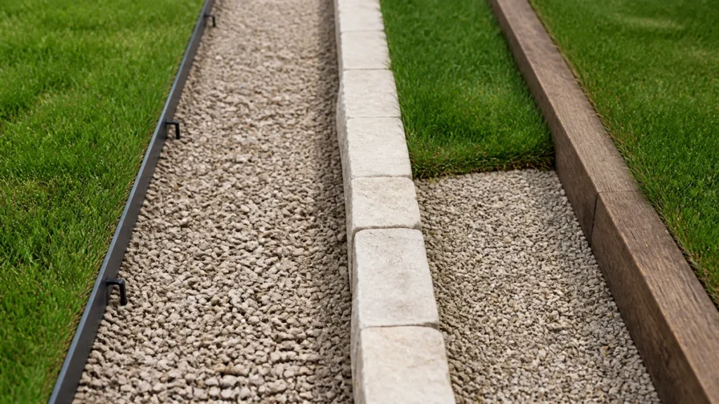 Détail de matières de bordure d'allée : métal, pierre et bois le long d'un passage en gravier