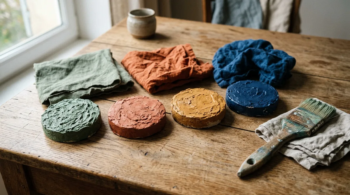 Grandes pastilles de peinture texturées vert sauge, terracotta, ocre et bleu nuit posées sur une table en bois
