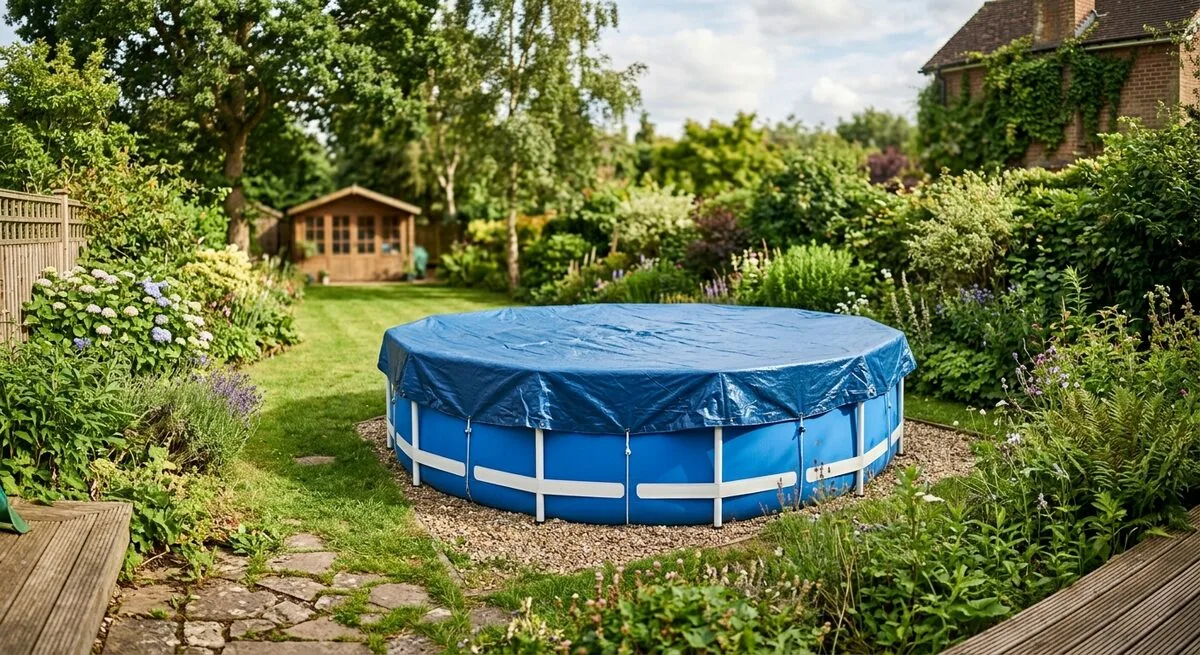 Piscine hors sol couverte d'une bâche de protection dans un jardin
