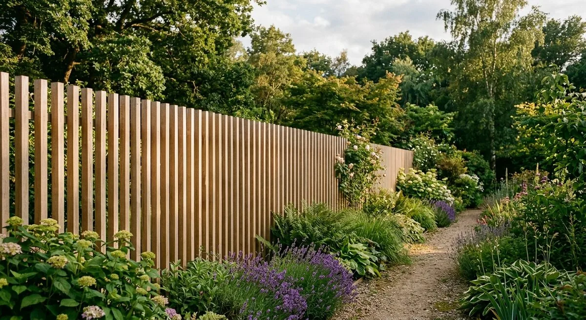 Palissade de jardin en lames de bois verticales créant une limite élégante dans un jardin verdoyant