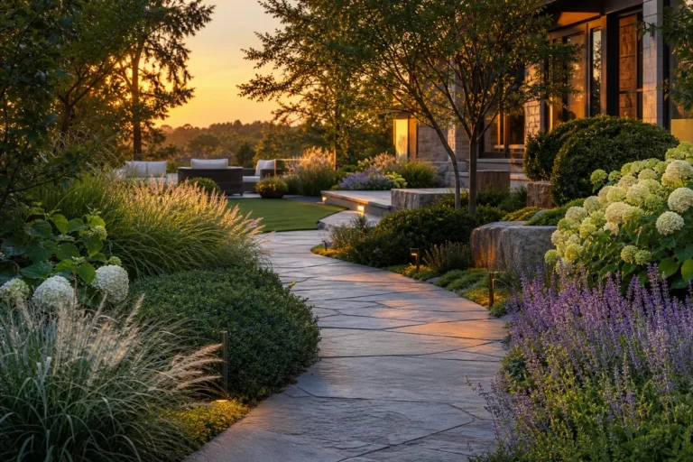 Chemin de dalles éclairé traversant un jardin paysager devant une maison au coucher du soleil.