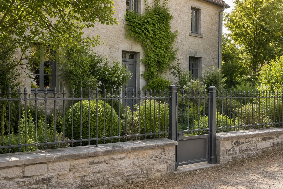 Clôture de jardin style ancien en grille sobre devant une maison de caractère, entre pierre et végétation