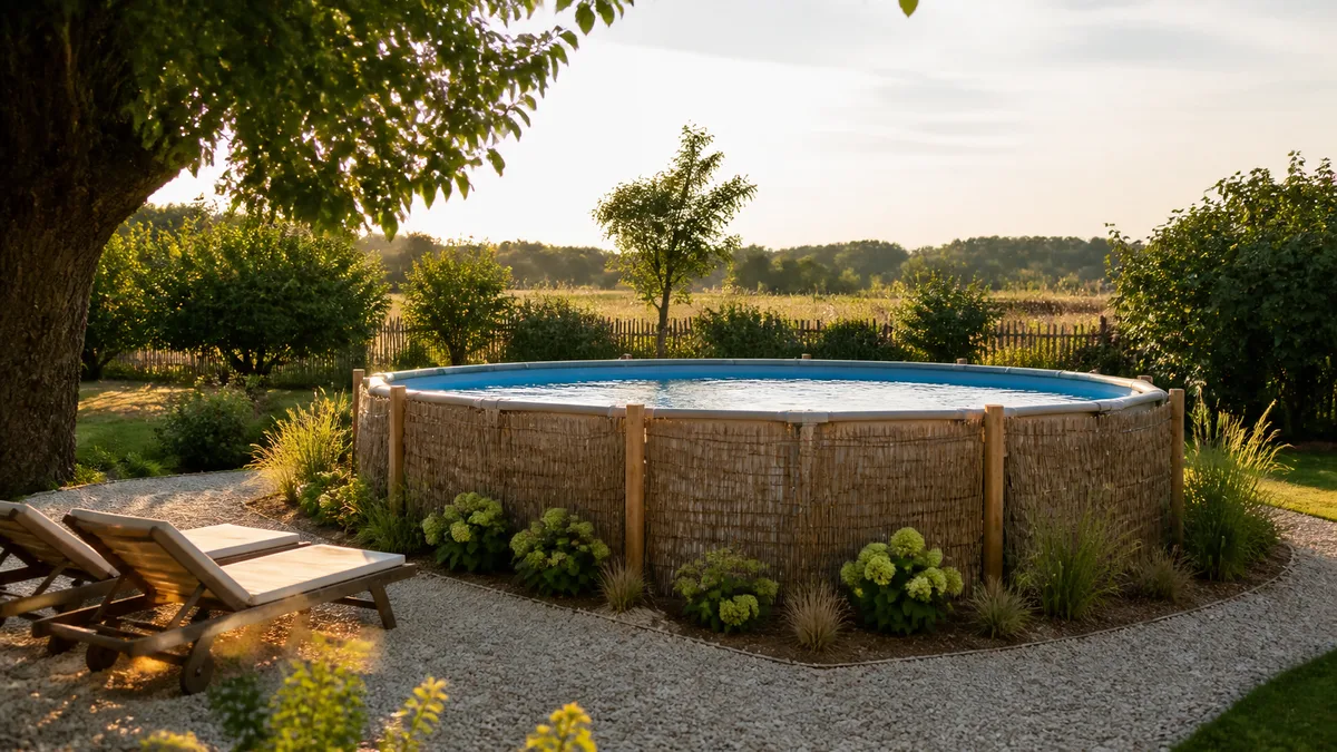 Piscine hors sol ronde habillée de canisse naturelle sur poteaux en bois, avec graminées et hortensias à la base, dans un jardin baigné de lumière dorée