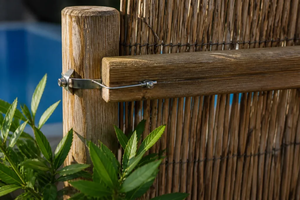 Détail de fixation d'un panneau de canisse sur poteau en bois avec attache inox, texture tressée visible et feuilles vertes devant la base
