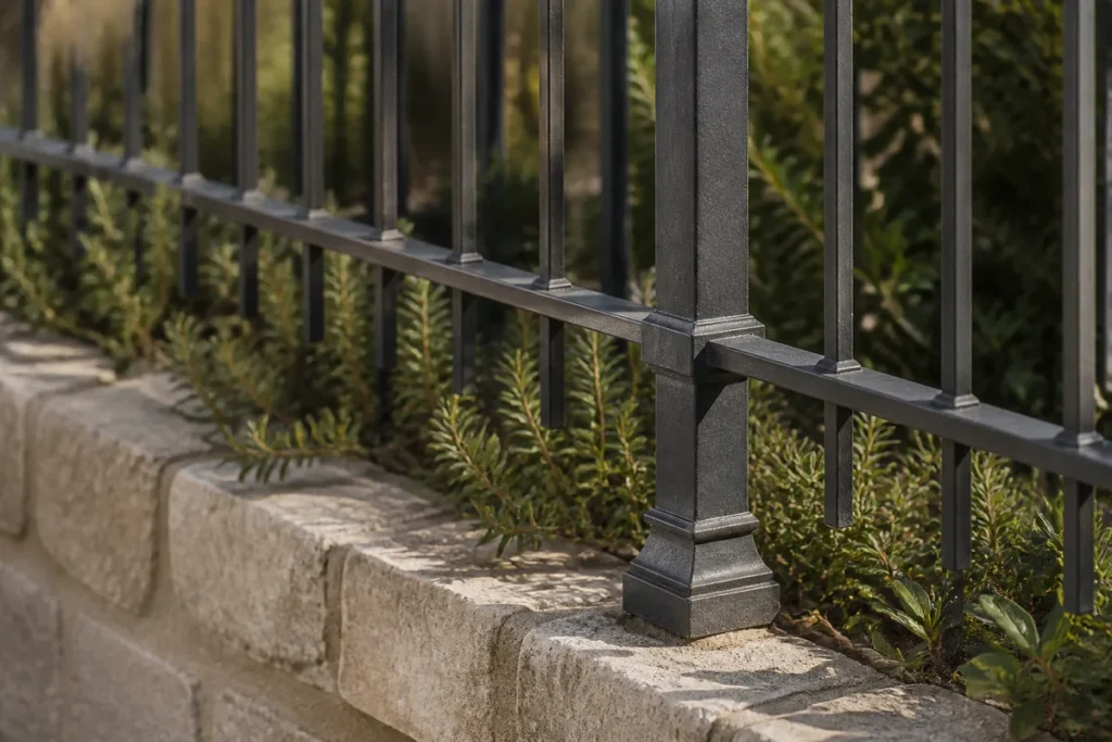 Détail des assemblages d'une grille métallique sobre sur un soubassement en pierre avec plantations