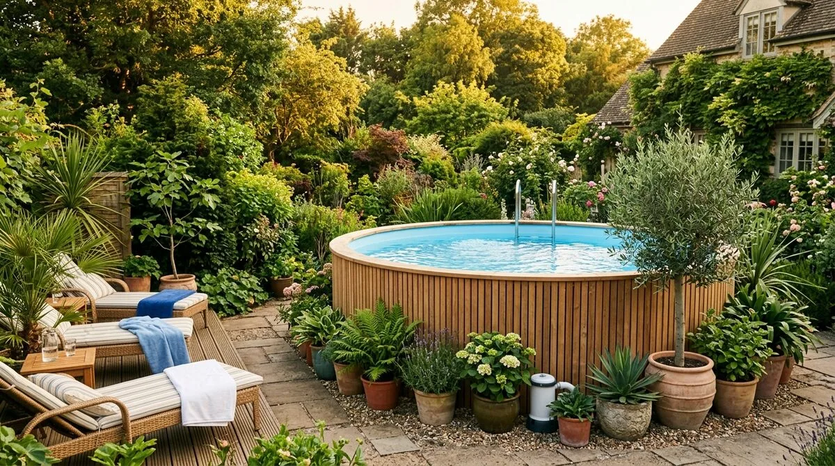 Piscine hors-sol habillée de lames de bois verticales dans un jardin avec des plantes en pot