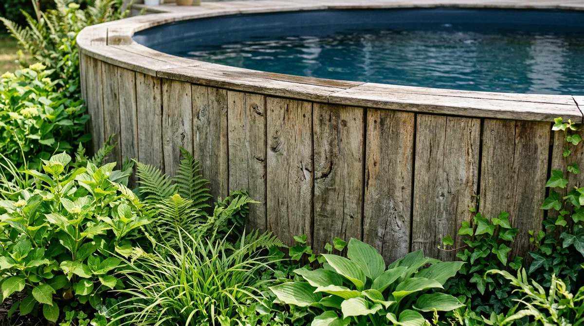 Détail du bardage bois autour d'une piscine hors-sol avec des plantes vertes devant