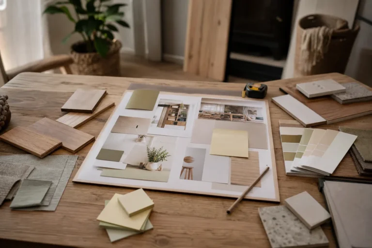planches d’ambiance, échantillons et notes de décoration sur une table
