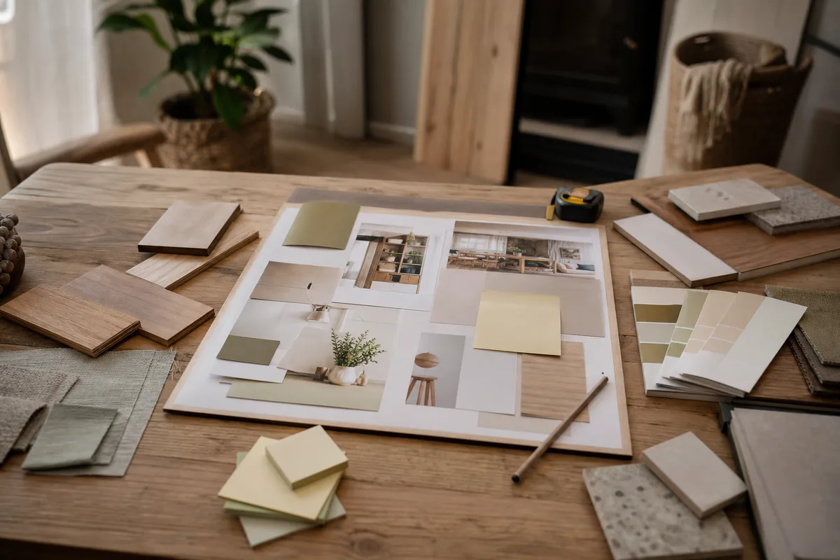 planches d’ambiance, échantillons et notes de décoration sur une table
