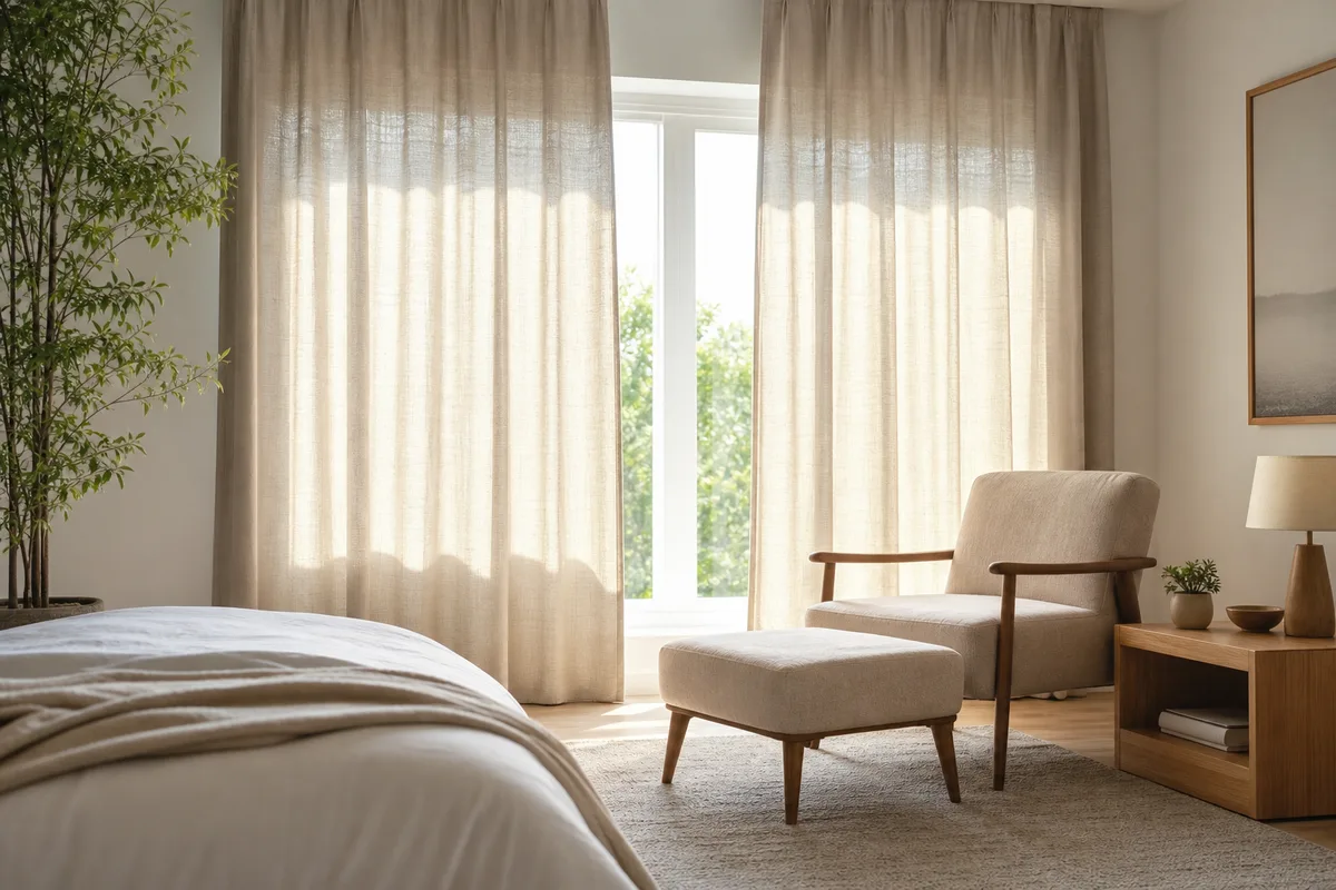 chambre lumineuse avec rideaux clairs et fauteuil sobre