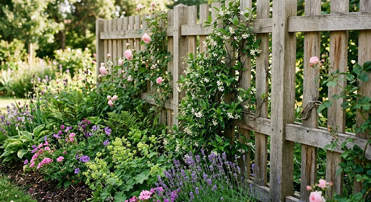 Palissade de jardin en bois avec plantes grimpantes et massif fleuri