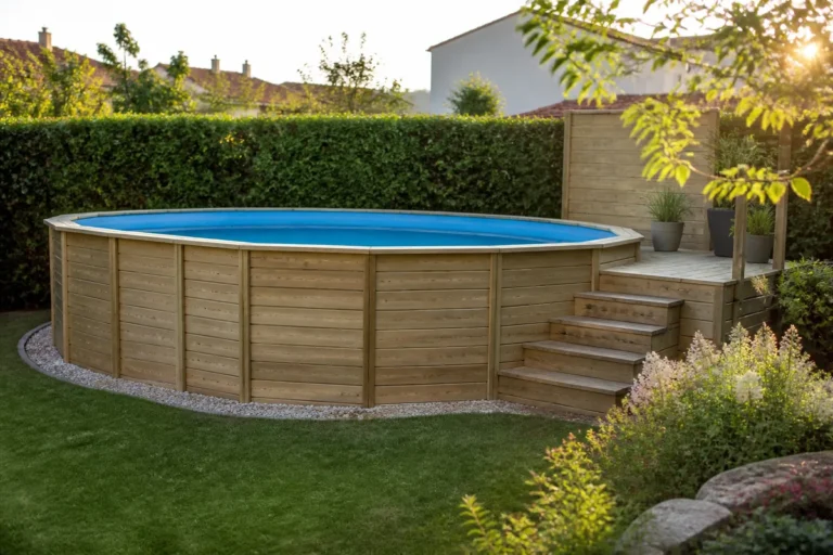 Habillage en bois autour d'une piscine hors sol, avec terrasse et jardin aménagés