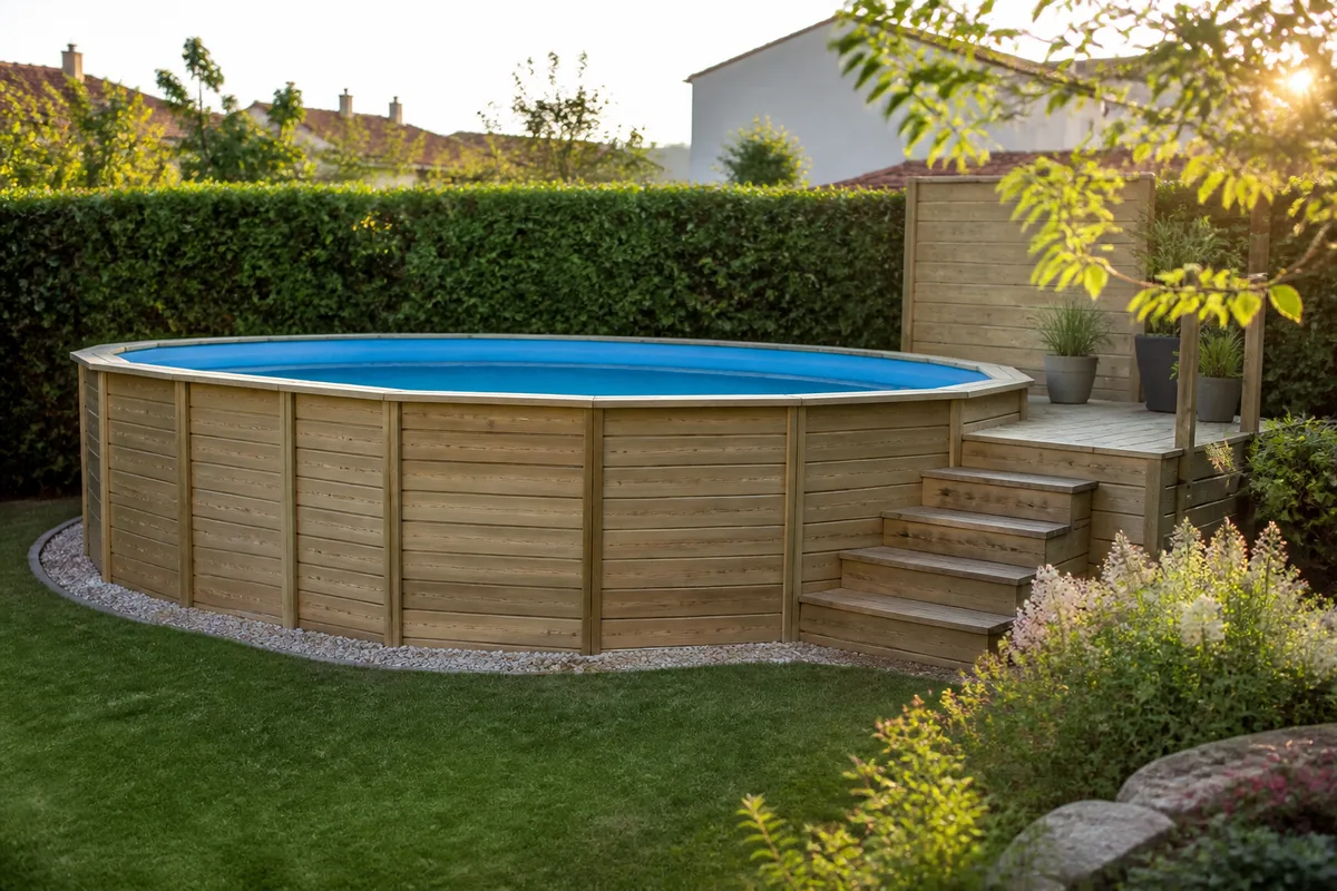 Habillage en bois autour d'une piscine hors sol, avec terrasse et jardin aménagés