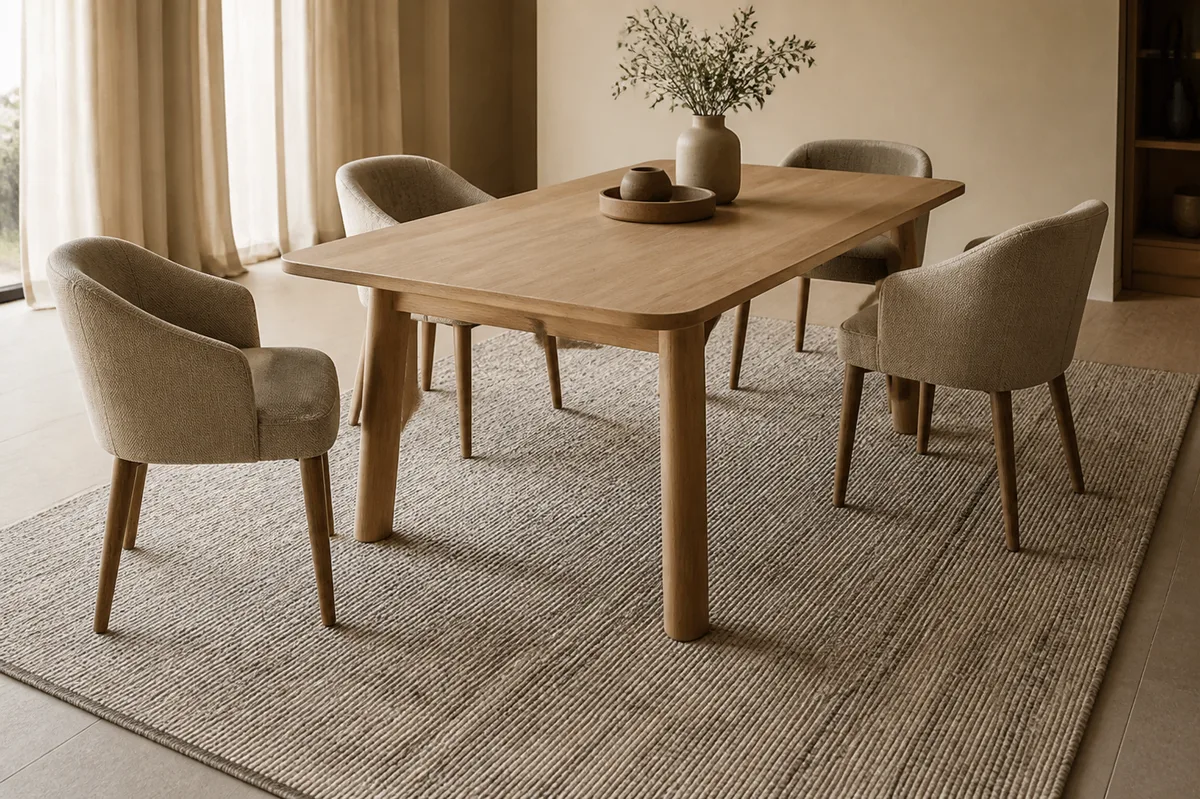 Tapis tissé plat sous une table en bois dans une salle à manger