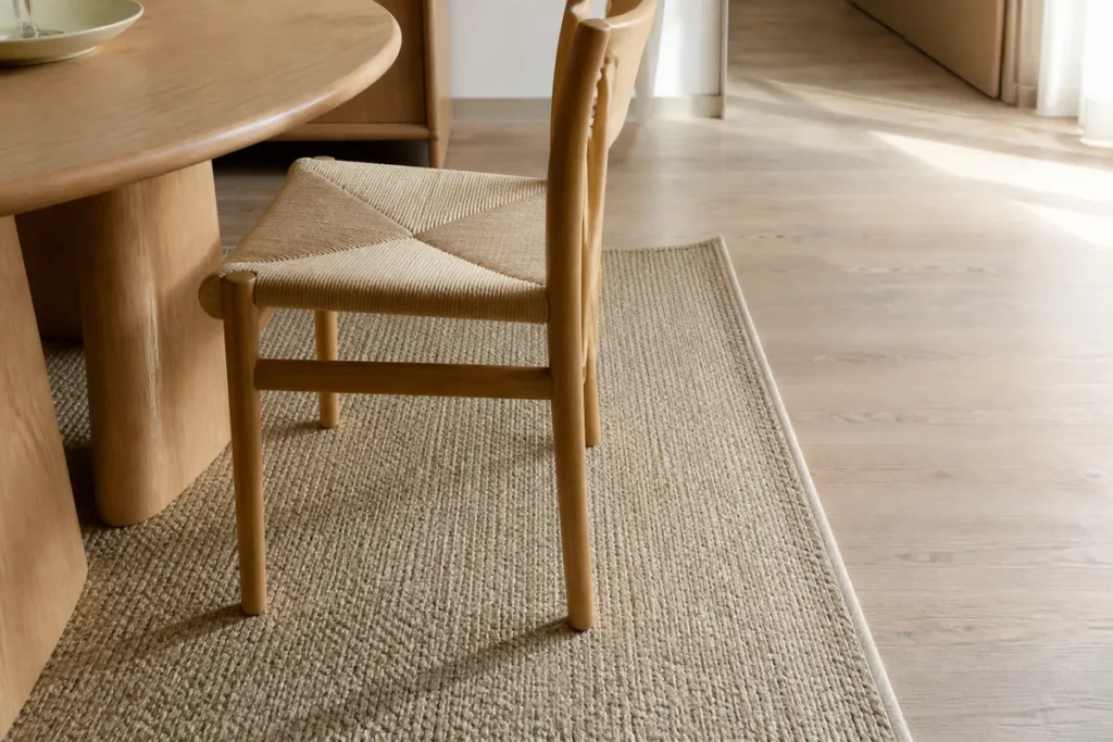 Chaise reculée sur un tapis sous une table ronde de salle à manger