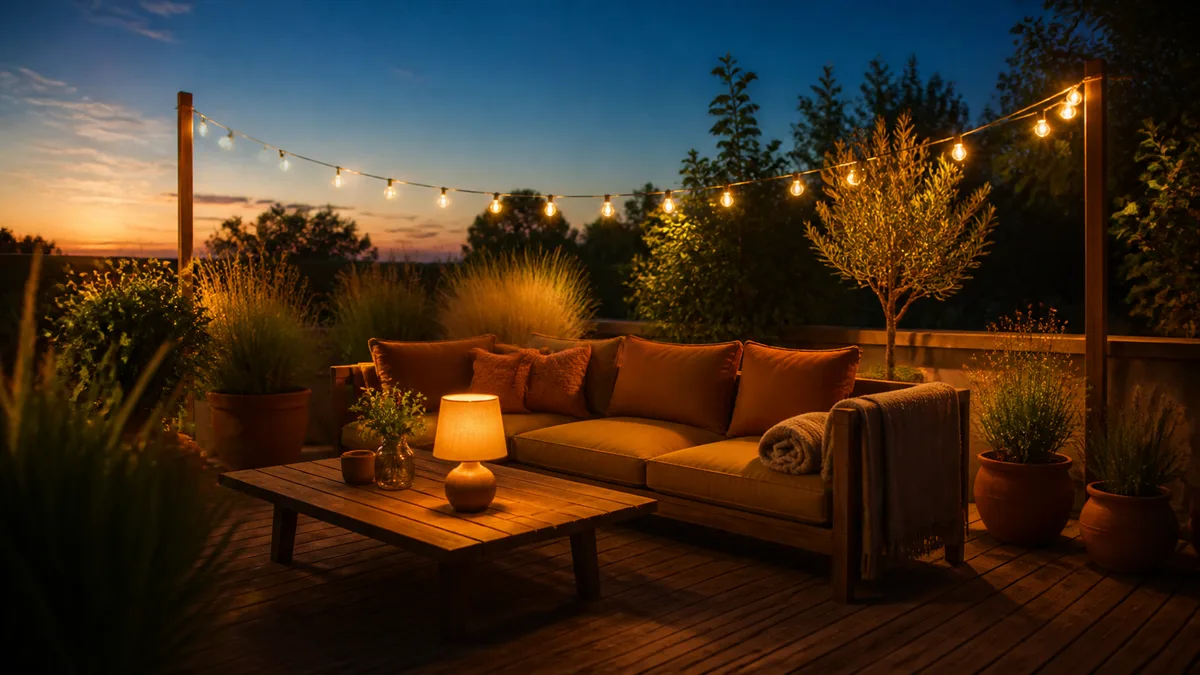 Terrasse chaleureuse en bois au crépuscule : guirlandes à hauteur d'homme, coussins ocre et plantes en pot