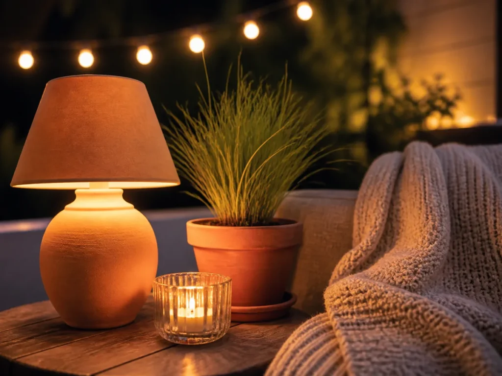 Lampe à poser et plaid sur une terrasse le soir, ambiance chaleureuse
