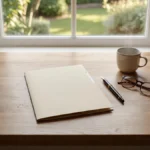 Compromis de vente : dossier, stylo et lunettes sur une table en bois devant une fenêtre lumineuse