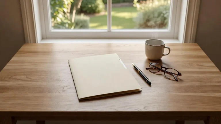 Compromis de vente : dossier, stylo et lunettes sur une table en bois devant une fenêtre lumineuse