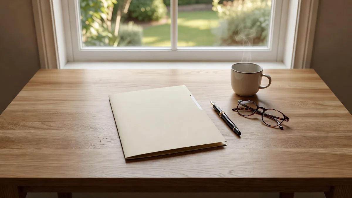 Compromis de vente : dossier, stylo et lunettes sur une table en bois devant une fenêtre lumineuse
